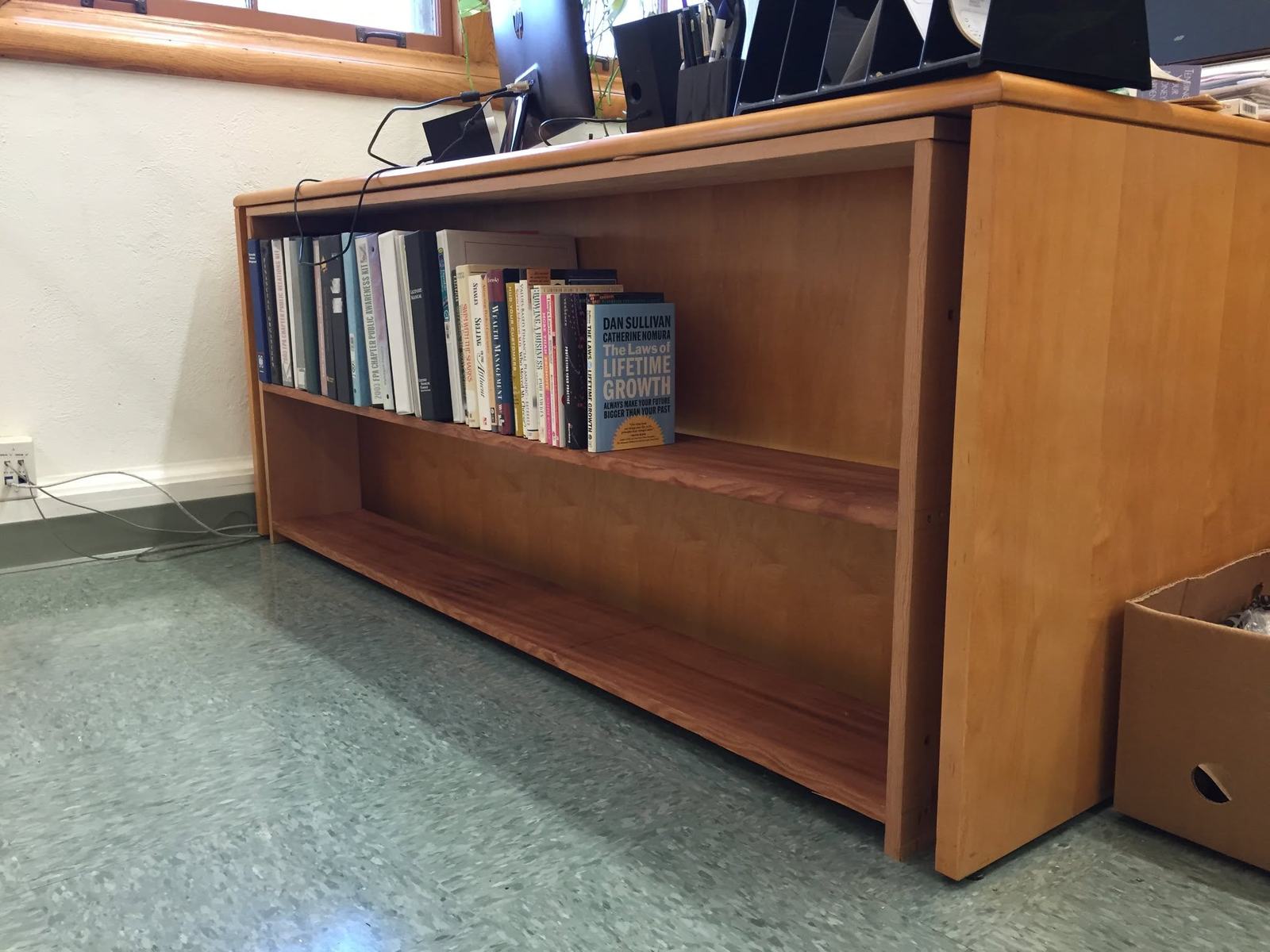 Built-in wood bookcase and credenza